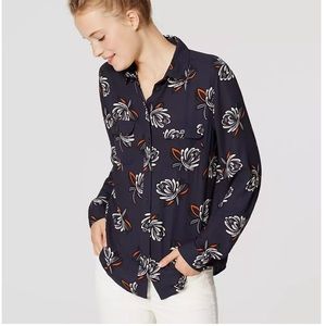 Loft Dark Blue Shadow Floral Utility Long Sleeve Career Blouse